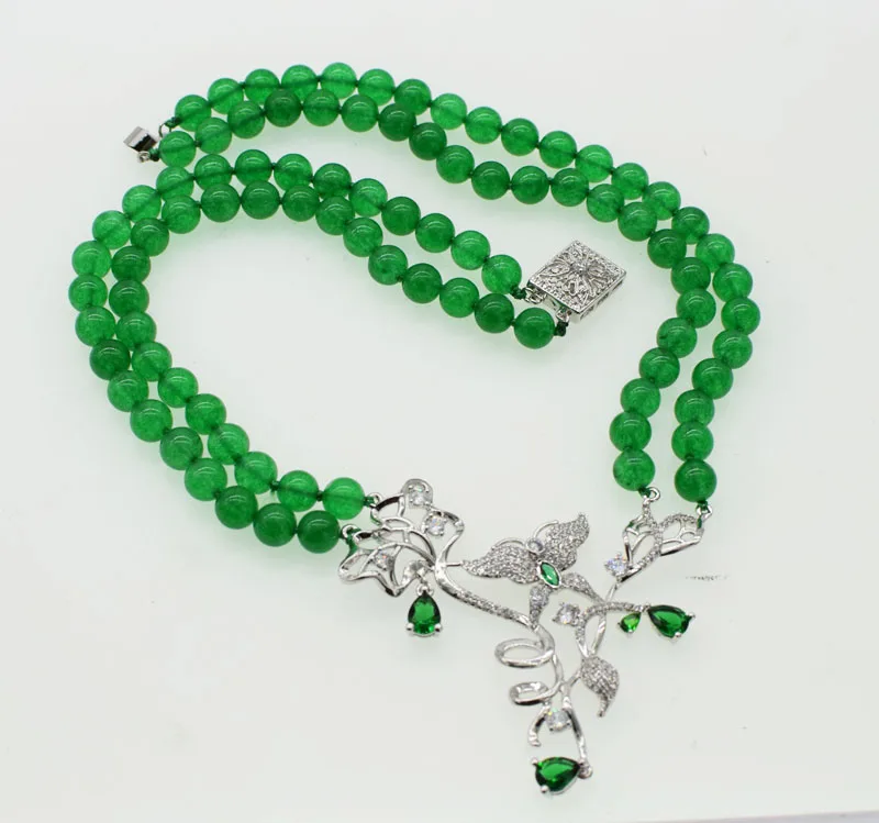 

2rows 8mm green jade round and zircon flower pendant necklace 18-19inch wholesale beads nature gift discount