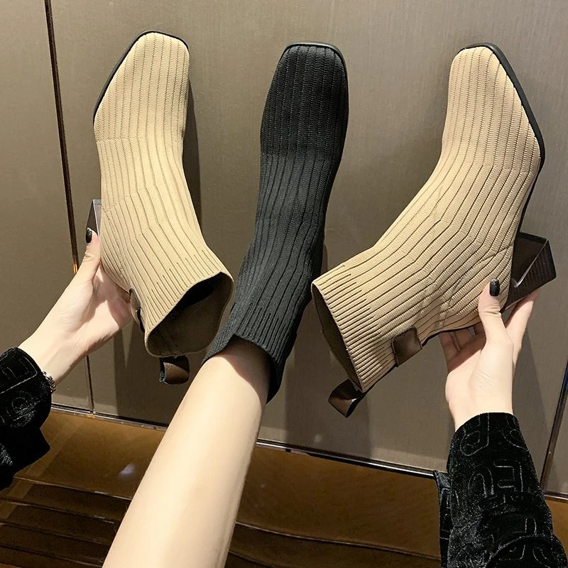 

2021 Fashion All-match Square Toe High-heeled Short Boots Spring and Autumn Single Boots Mid-tube Stretch Cloth Boots Women