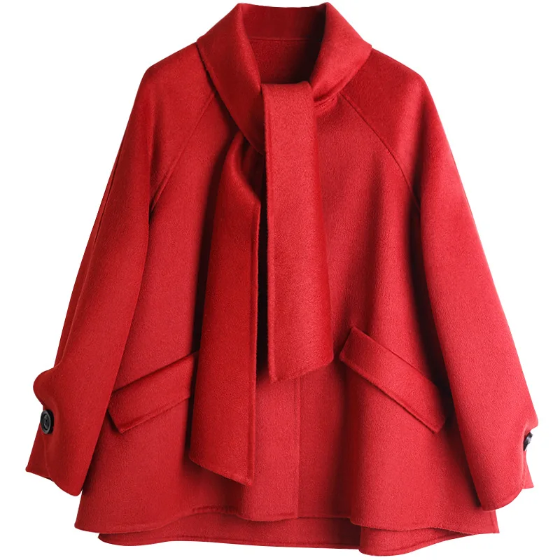 

Designer Scarf Collar Winter Wool Coat Women Covered Button A-Line High Street Solid Red Women Winter Jacket Short Parkas