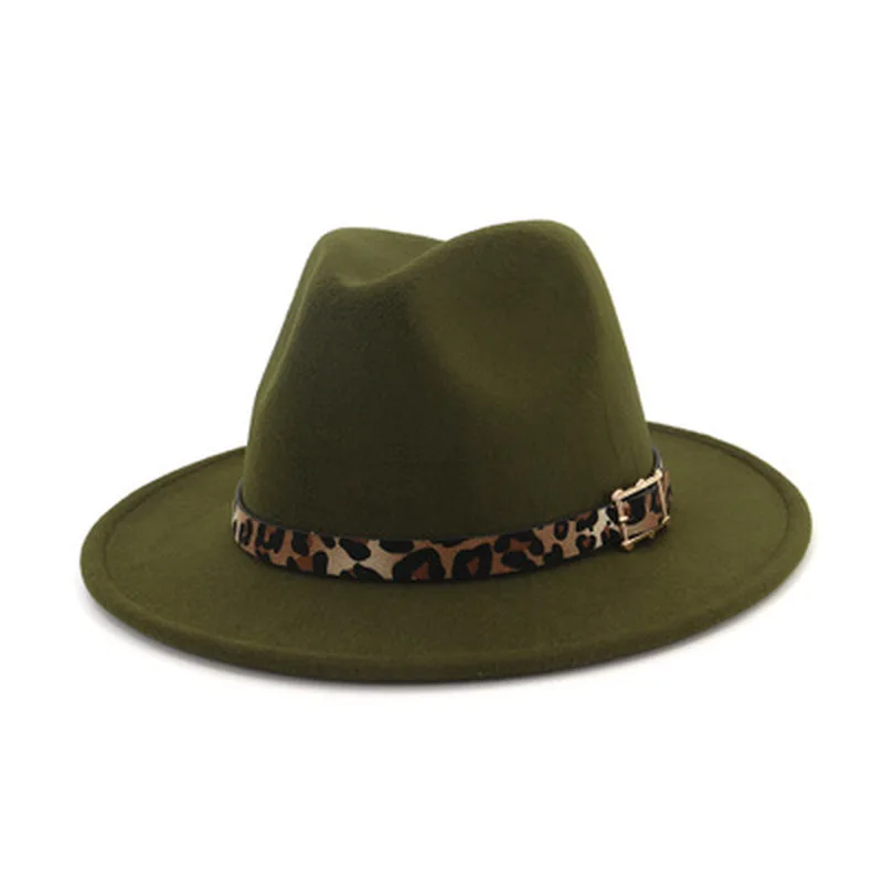 

fedora hats women men wide brim solid color leopard band belt winter hats casual vintage khaki black white street felt women hat