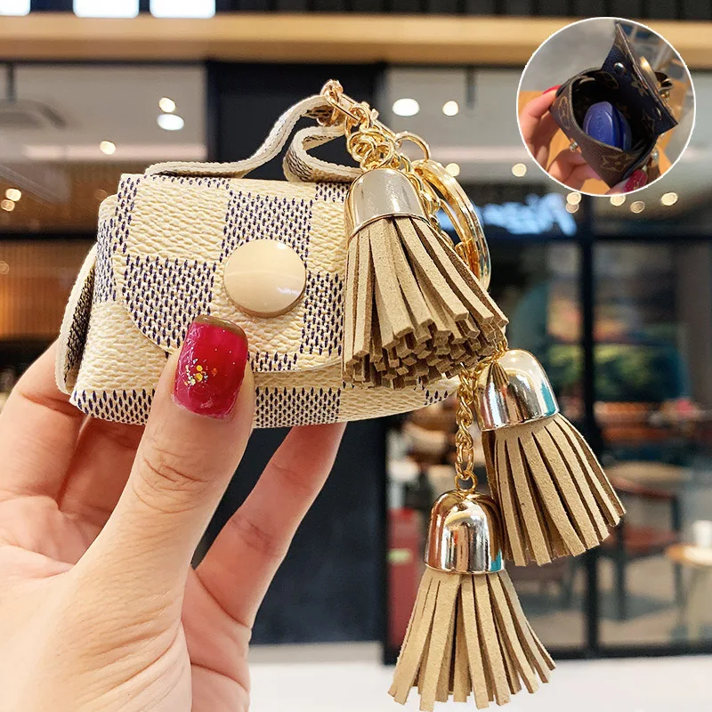 

Luxury PU Leather Coin Purse Keychain Men Women Plaid Pattern Bag Key Chain Bag Pendant Car Key Ring Long Tassel Jewelry
