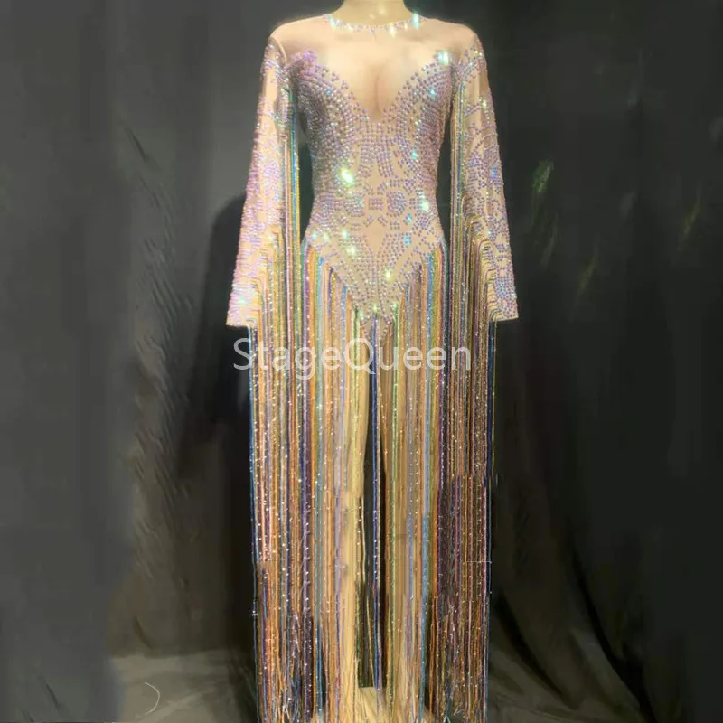 Sexy Colorful Long Fringes Bodysuit Costume Evening Party Long Sleeve Tassels Leotard Birthday Celebrate Stretch Dance Dress