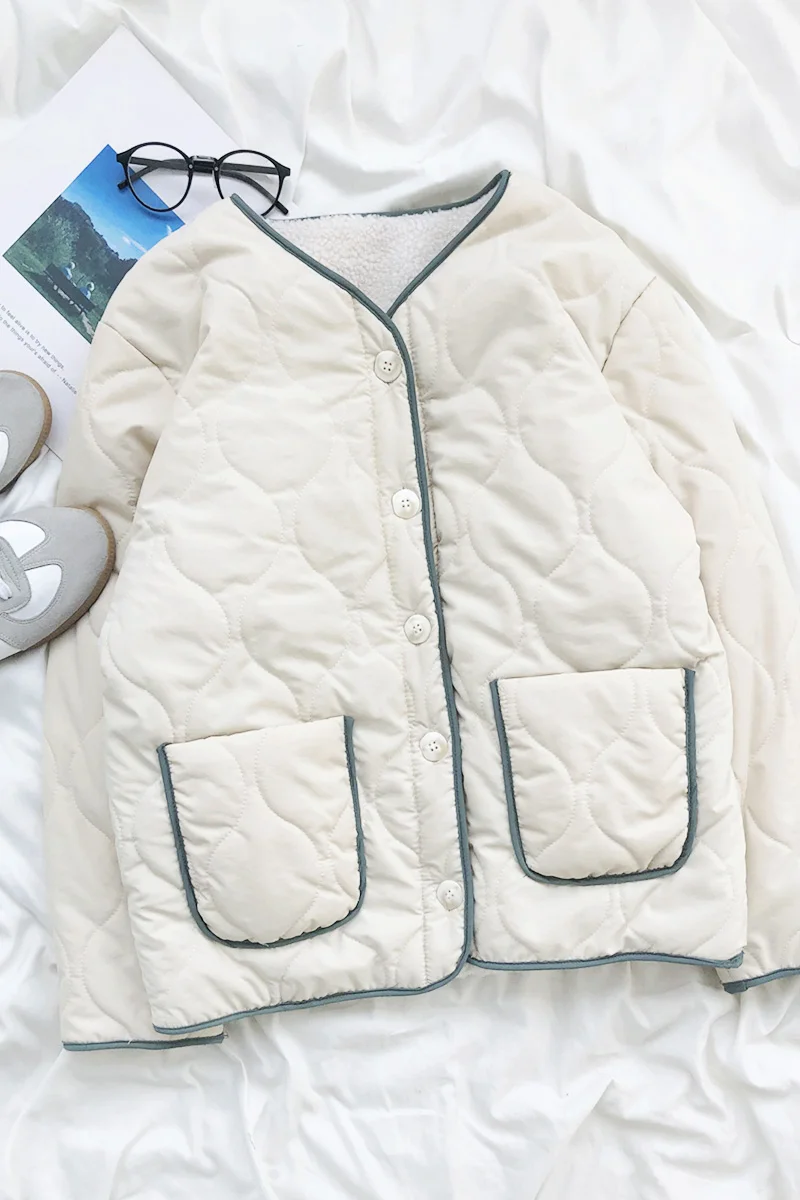 

Winter Thickened Women Parka Beige White Coat Front Back Design V-neck Breasted Loose Warm Lamb Coat