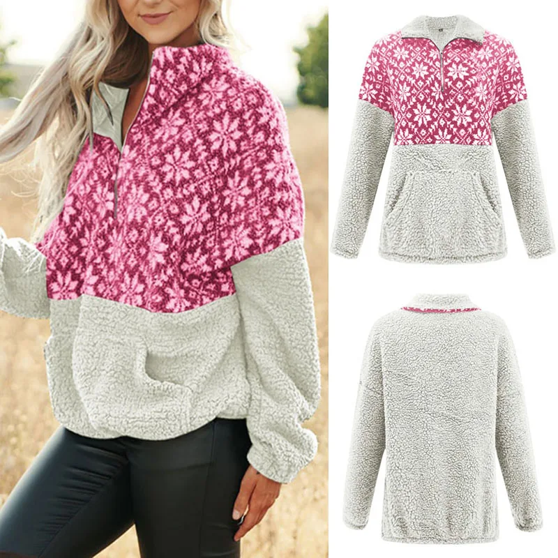 

New Arrival Womens Christmas Snowflake Stitching Sweater Coat Zipper Casual Loose Sweater