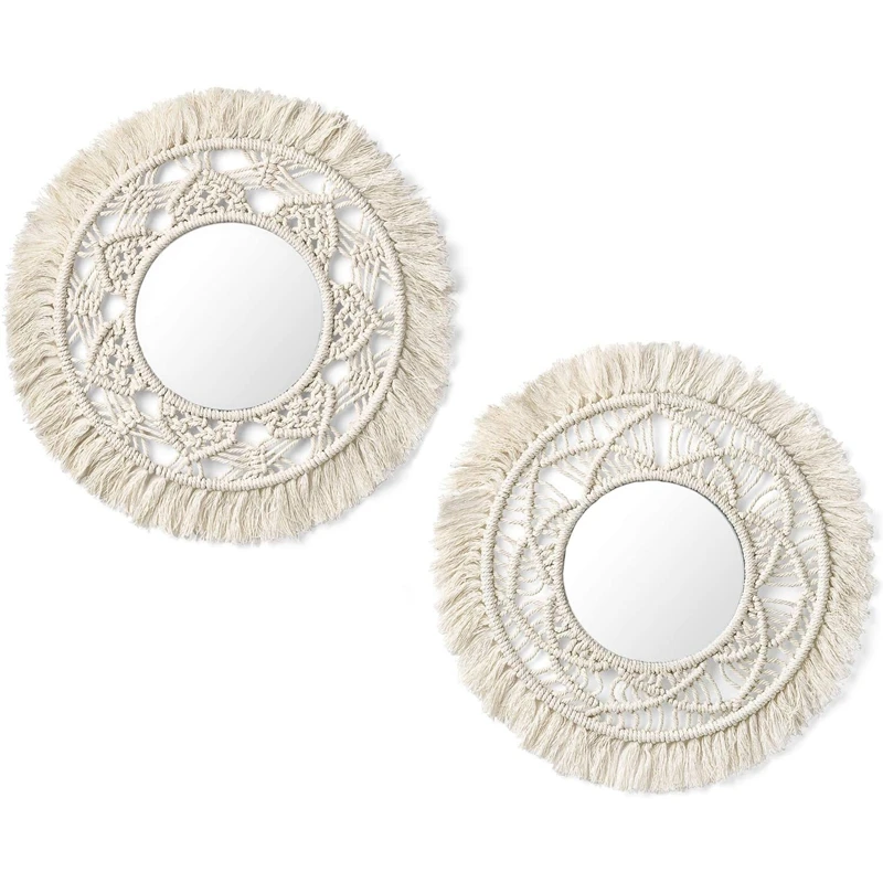 

Hanging Wall Mirror with Macrame Fringe 2 Set Small Round Decoration Boho Antique Mirror Frame for Apartment Living Room