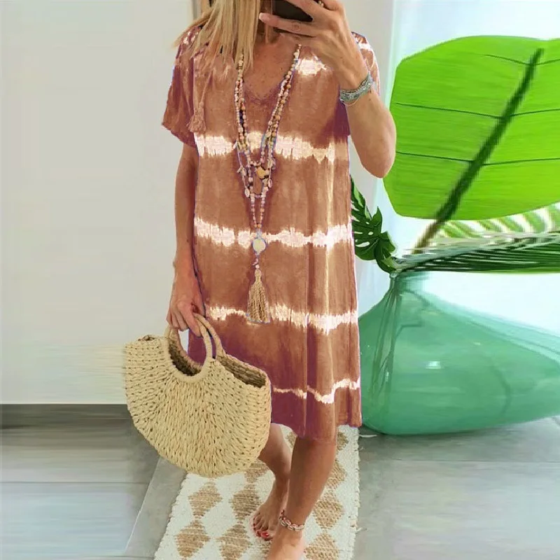 Женское платье в полоску с V-образным вырезом и коротким рукавом принтом тай-Дай