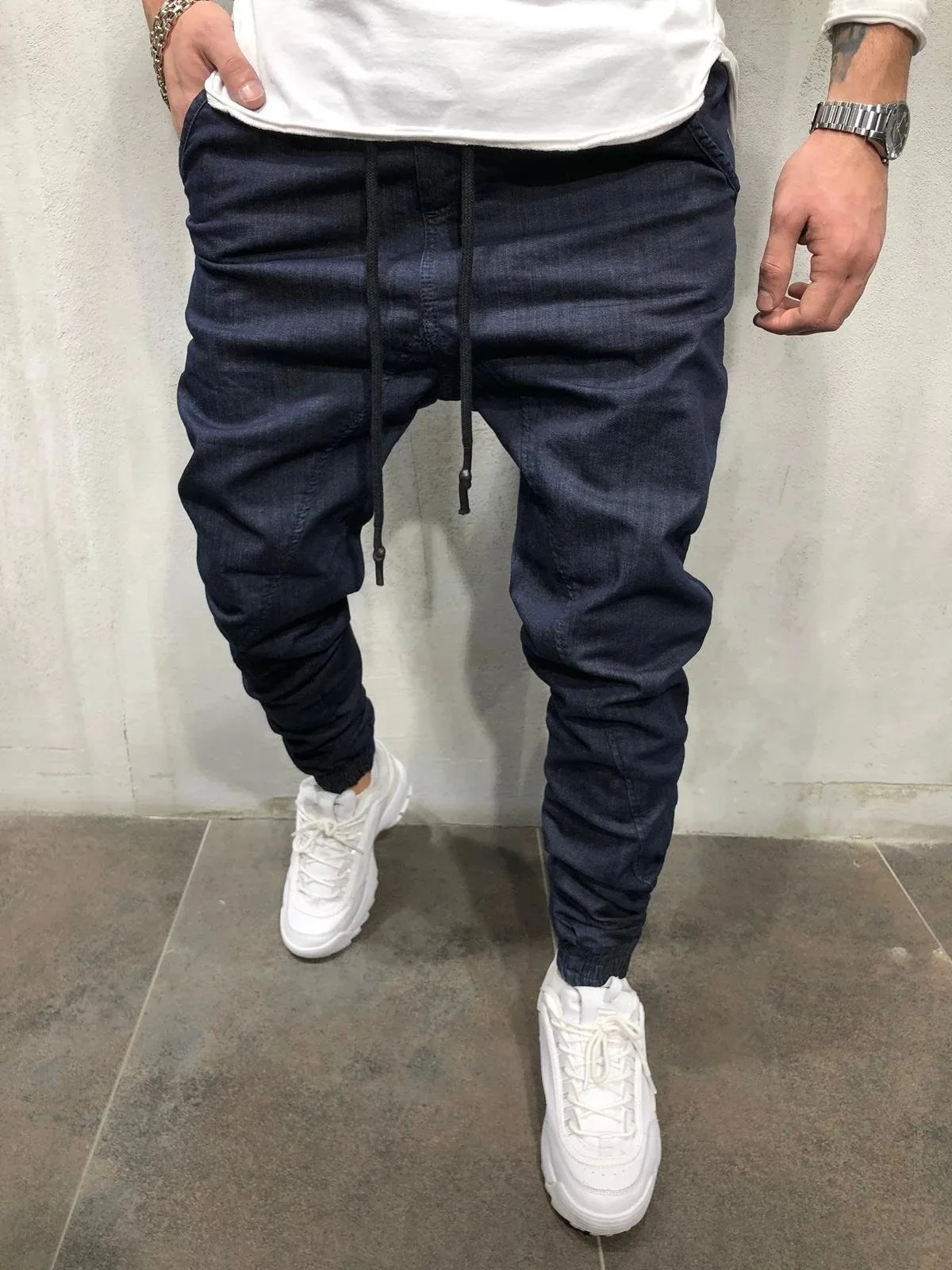 

Men's Baggy Trousers Casual Drawstring Elastic Pants Men Jeans Denim Cargo Pants Men Clothing Jean Homme