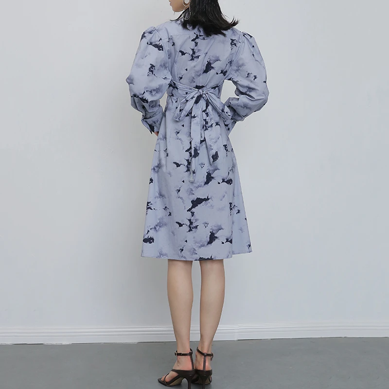 

SeeBeautiful Casual Dress Female Printing Hllow Out Lapel Long Sleeve Single Breasted Loose Summer 2020 New Fashion Tide L138