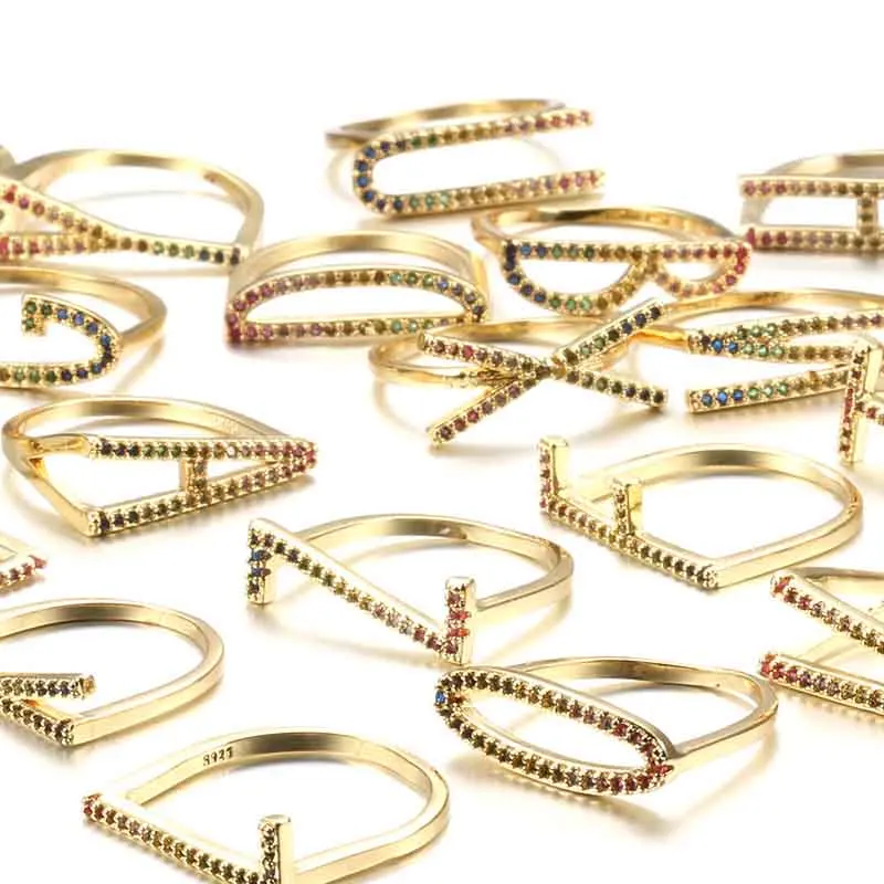 

Party Gold Color Zircon Ring A-Z Letter Initials Alphabet Boho Jewelry DIY Name Rainbow Ring For Women