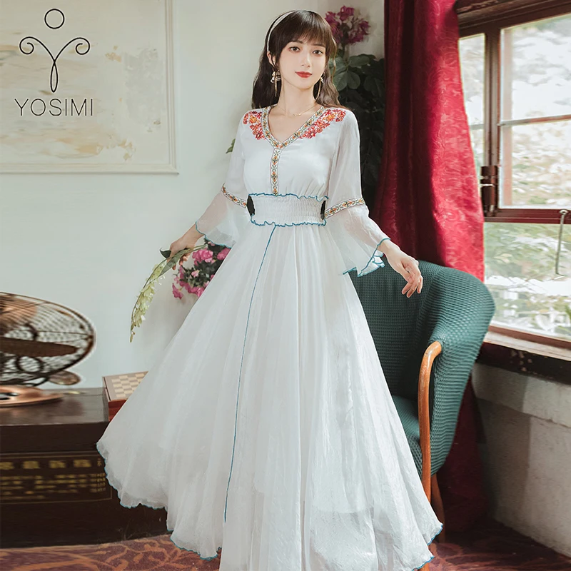 

YOSIMI 2021 Summer Floral Embroidery White Chiffon Long Women Dress V-neck Mid-calf Evening Party Butterfly Sleeve Dress Elegant