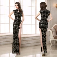 lady short sleeve elegant sequined black long cheongsam chinese style evening party qipao dress