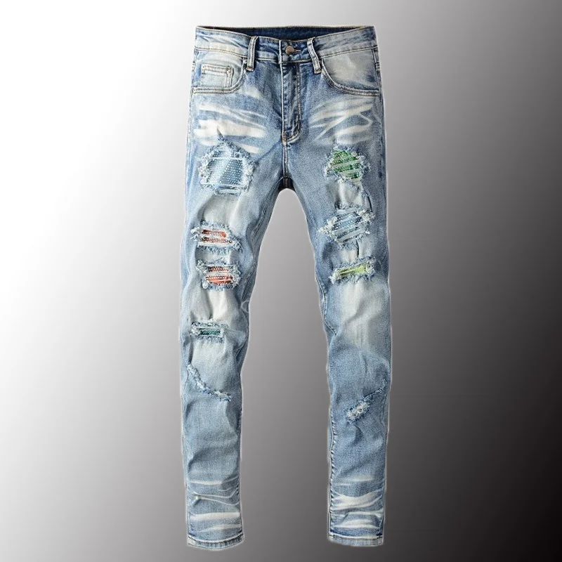 

Джинсы мужские рваные со стразами, узкие джинсы скинни, модная уличная одежда, потертые голубые брюки из денима, большие размеры 40
