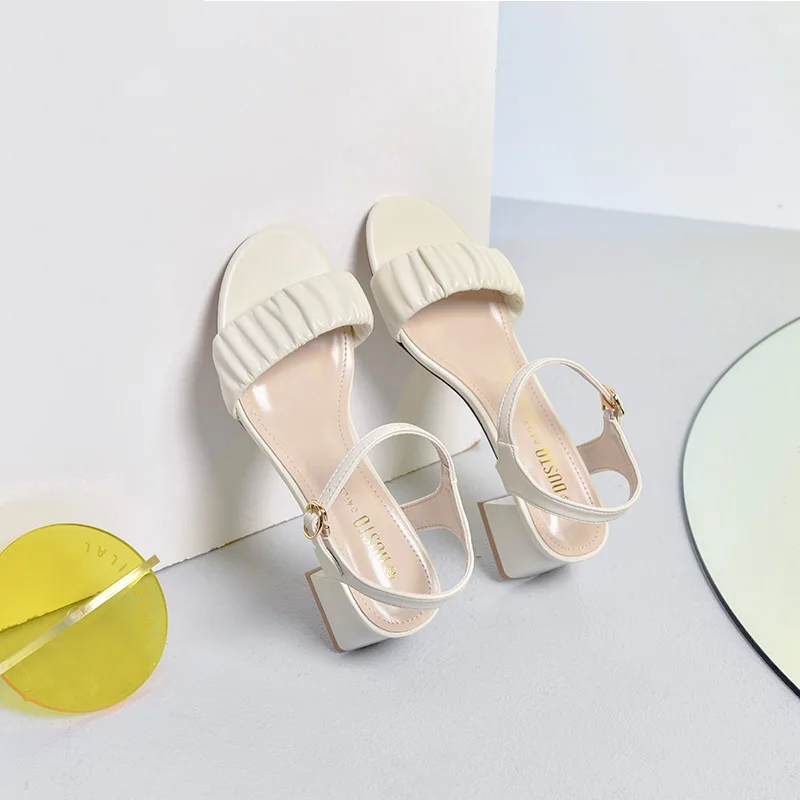 

DUSTO 2021 new summer sweet medium heel thick heel solid color sandals women's shoes