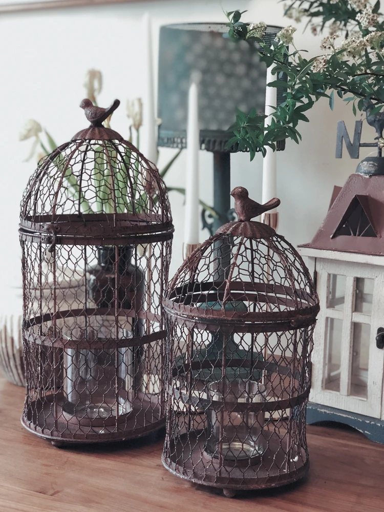 handicraft retro rustic metal bird cage candle holder