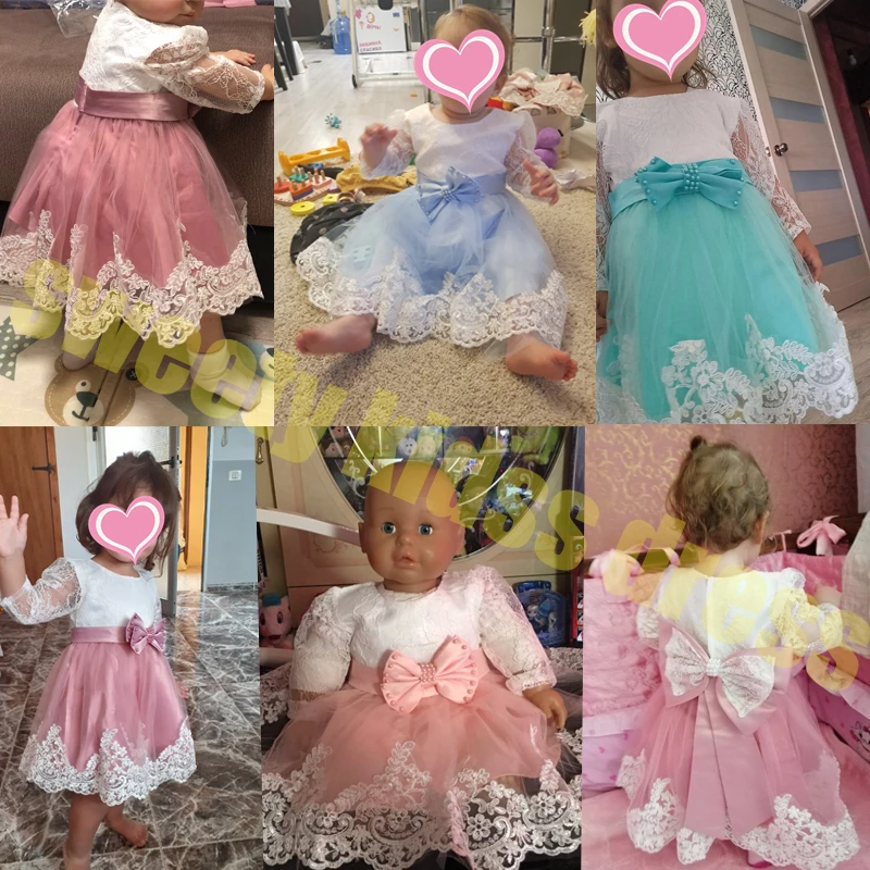Newborn Long Sleeve Baby Girl Dresses Party Wedding Girl Lace Big Bow Dresses Infant Girl 1st Birthday Princess Baptism Dress images - 6