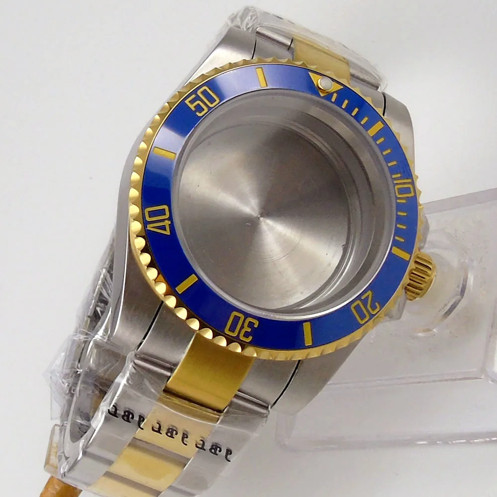 40mm Gold Coated Watch Case for NH35 NH36 NH36A Blue Insert Rotating Bezel Oyster Bracelet Sapphire Glass without Cyclops