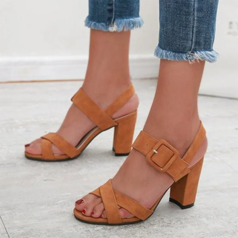 

Women Cross Sandals Woman Ankle Buckle Strap Pumps Ladies Slip-on Shoes Women's Flock High Heels Square Heels Plus Size 43