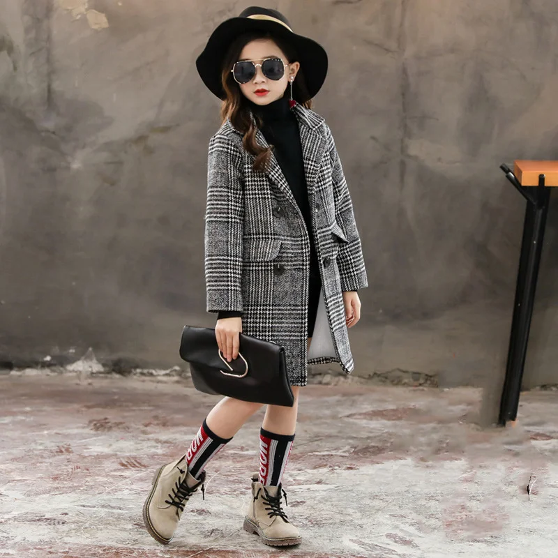 

Houndstooth Jacket Winter Spring Coat Outerwear Top Children Clothes School Kids Costume Teenage Girl Clothing Woolen Cloth High