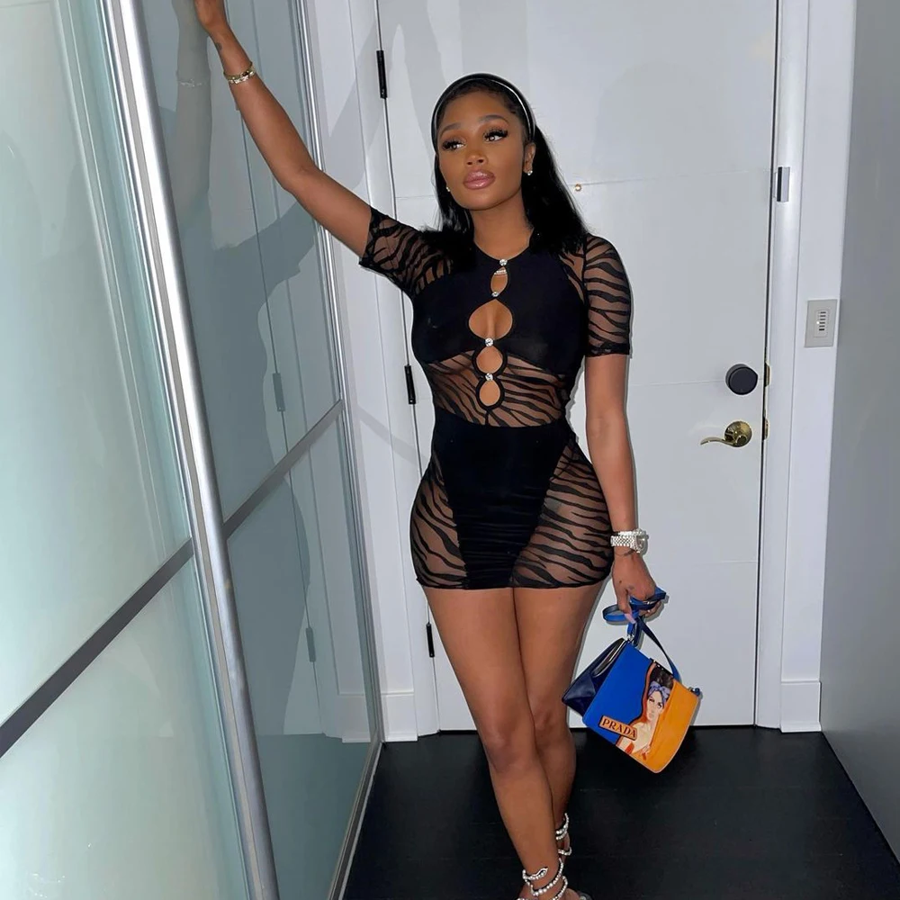 

Пикантное Сетчатое прозрачное женское мини-платье с вырезами и зеброй для пляжа, праздника, сексуальные платья-карандаш для вечерние ринки,...