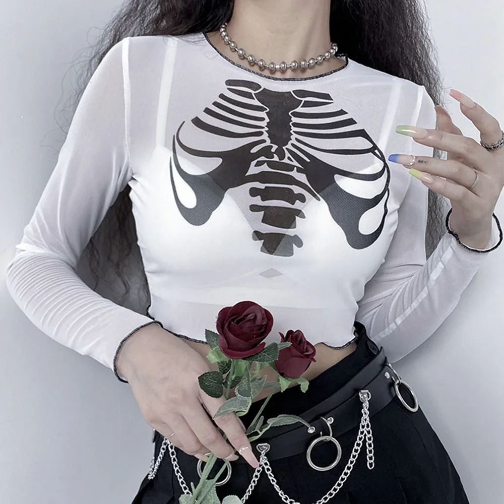 

Rosetic Skull Printed Gothic T-Shirt Women Mesh Top White See Through Tshirts Autumn Summer 2021 Fashion Long Sleeve Crop Tops