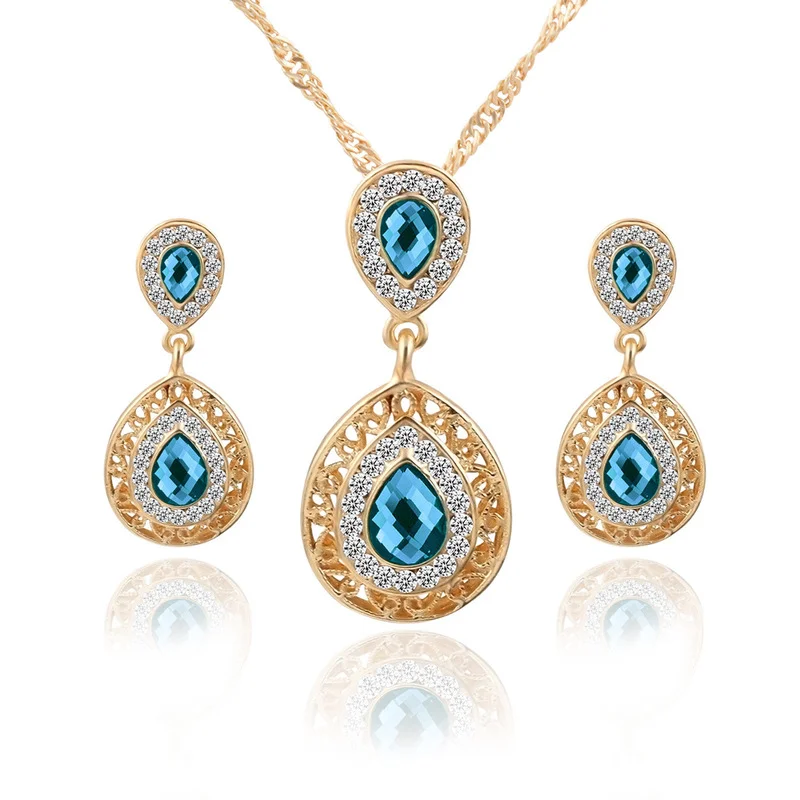 

Vintage 3 Colors Water Drop Green Blue Red Shiny Rhinestones Crystal Jewelry Sets for Women Teardrop Pendant Necklace Earrings