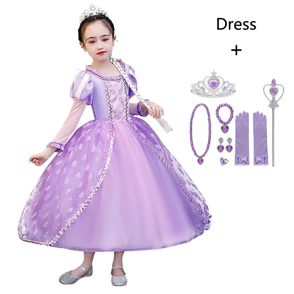 

Girls Princess Rapunzel Dress Up Kids Summer Floral Costume With Bow Wig Children Halloween Birthday Party Fancy Dress Frocks