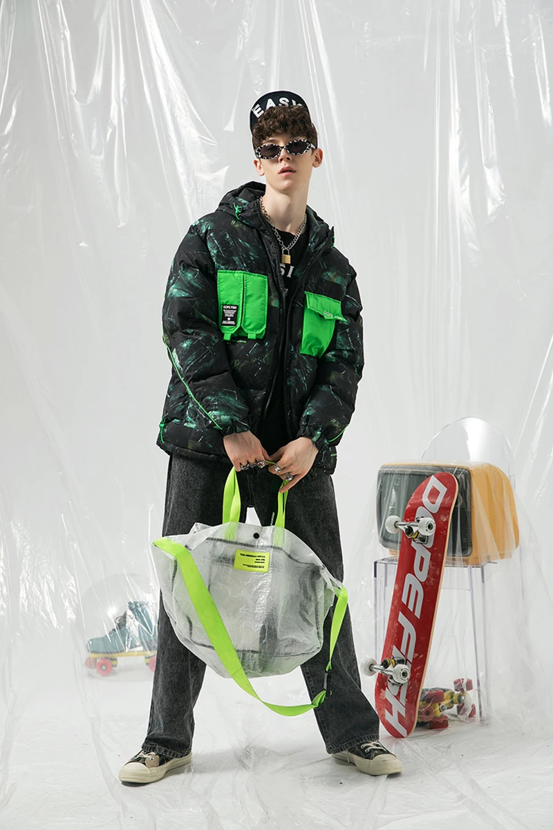 

RHYMONSTER Irregular-Pockets Contrast Color Graffiti Hooded Parkas Mens Warm Zipped Outwear 2021 Casual Loose High Street Coats