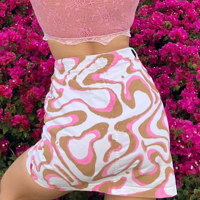 

Y2K 90s Aesthetic High-waisted Corrugated Printed Denim Skirt Single-breasted Mini Belt Pocket Summer Chic Skirt Streetwear