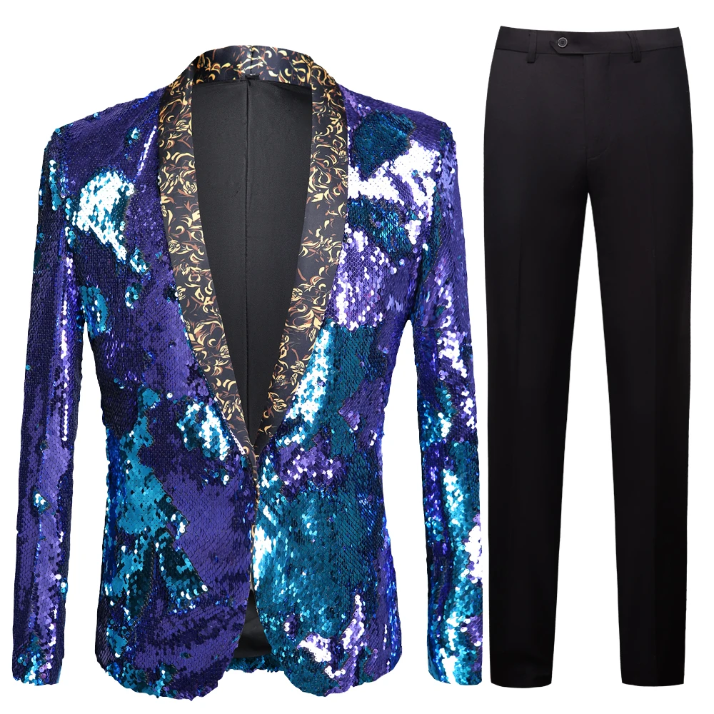 

Blue Shiny Sequin Glitter Embellished Blazer Jacket Men Nightclub Prom Suit Costume Homme Singers Stage Clothes