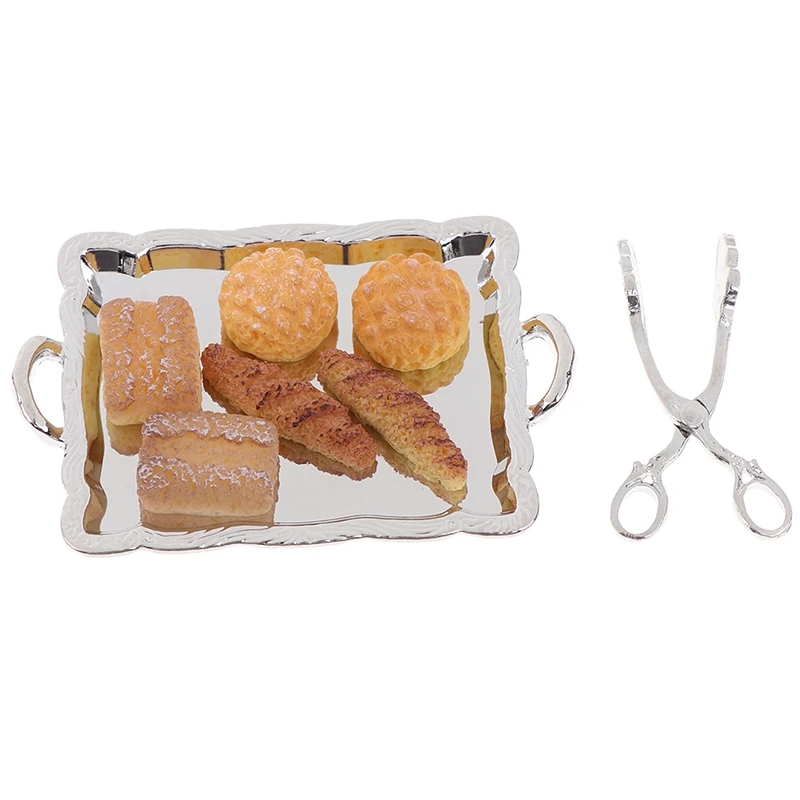 

8Pcs/Set 1:12 Cute Miniature Dollhouse Miniature Accessories Silver Tray + Silver Clip + 6 Breads Kitchen Toy Accessories