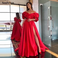 smileven unique off the shoulder red satin evening dresses sexy high split arab prom dresses party gowns robe de soire 2021