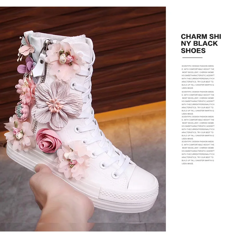 

2021 new high-top thick-soled canvas shoes Korea heavy industry hydraulic drill flower sequins sweet lady princess