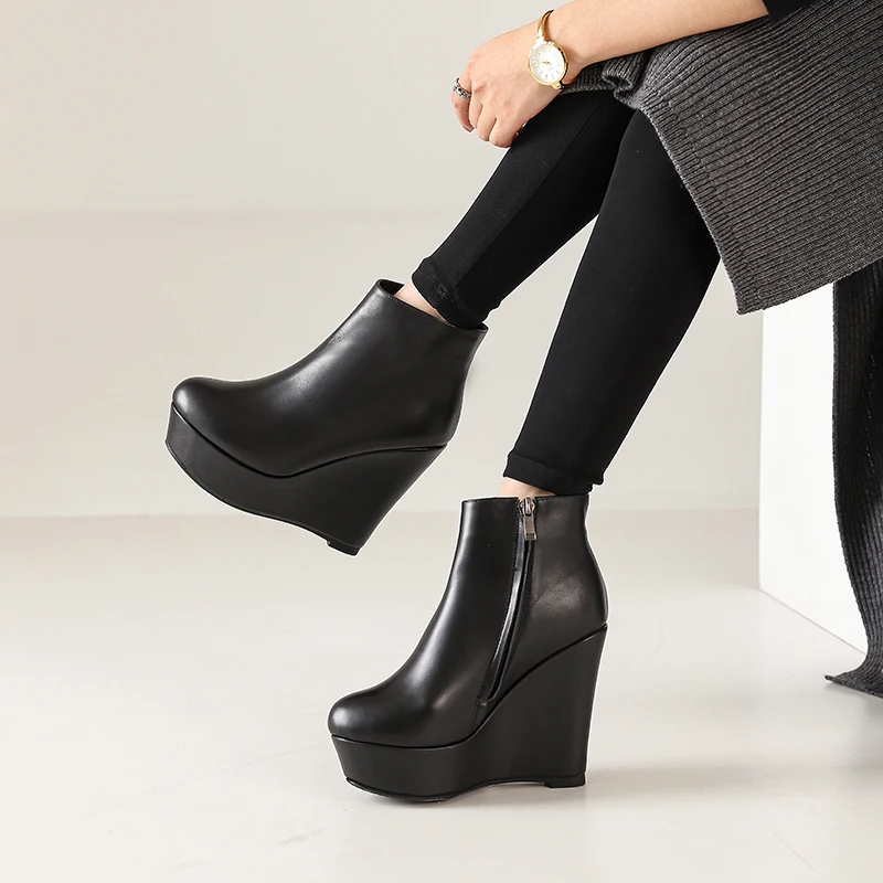 SKLFGXZY women Ankle boots Genuine leather Female boots black wedge Round head Autumn and winter Women's shoes Size 34-40