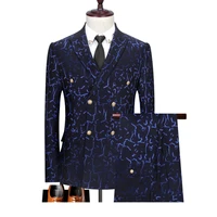 jacketvestpants luxury fashion printed double breasted mens business casual blue suit 3 piece suit groom wedding tuxedo