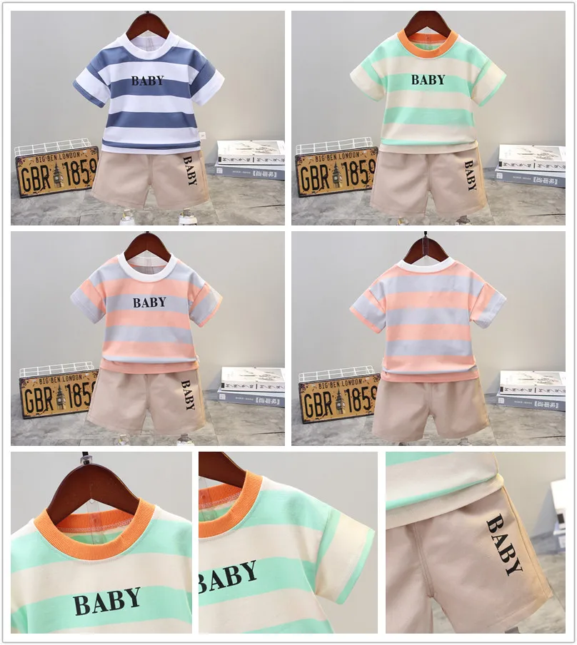 

Summer New 0-4 Years Old Baby Boy Children's Suit Striped Baby Letter Printing Short-sleeved T-shirt + Shorts Two-pieces Sets