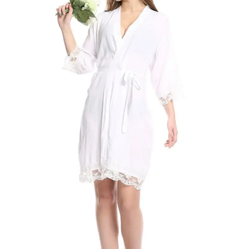 

Womens 3/4 Sleeves Solid Color Knee Length Kimono Bath Robe Sexy V-Neck Floral Lace Trim Nightgown Belted Waist Loose