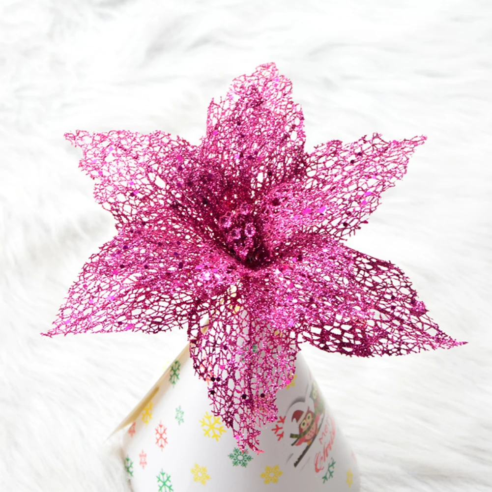 hotpink 26cm Большие искусственные цветы для рождественского декора, блестящие Искусственные цветы Poinsettia, сделай сам, украшение для дома, Рождества, Нового года, цветок для свадьбы - Цвет: hotpink 26cm