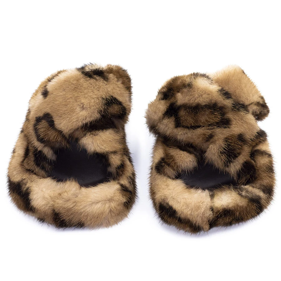 Шлепанцы женские с двойным перекрестным ремешком натуральный мех норки сланцы