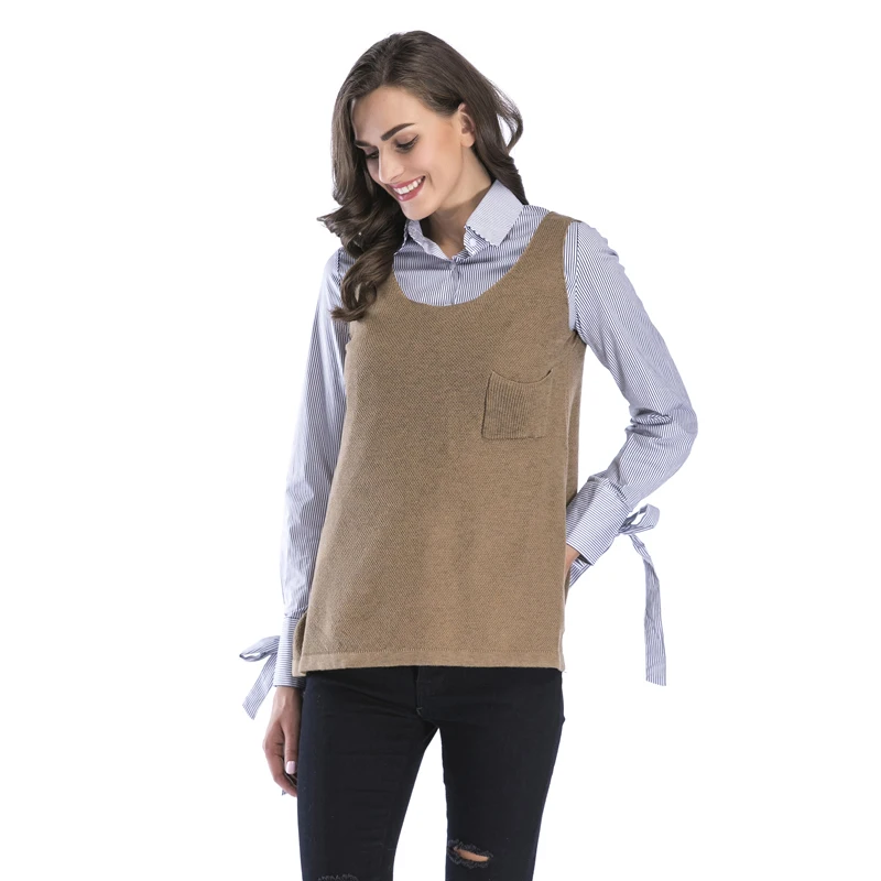 Осенний новый вязаный жилет с круглым вырезом свитер пальто Женский пуловер без