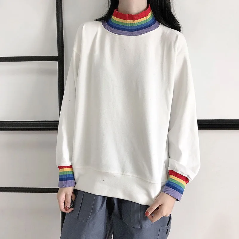 

2020 Spring new bottoming Sweatshirt female half-high collar Korean students Pure white Striped long-sleeved Outfits pullover