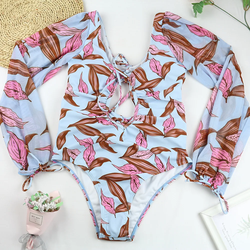 

2021 One Piece Swimsuit Long Sleeve Swimwear Women Bandage Leaf Print Bodysuit Monokini Sexy Green Bathing Suit String Beachwear