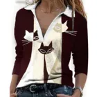 Женская винтажная блузка с длинным рукавом, V-образным вырезом и принтом кошки