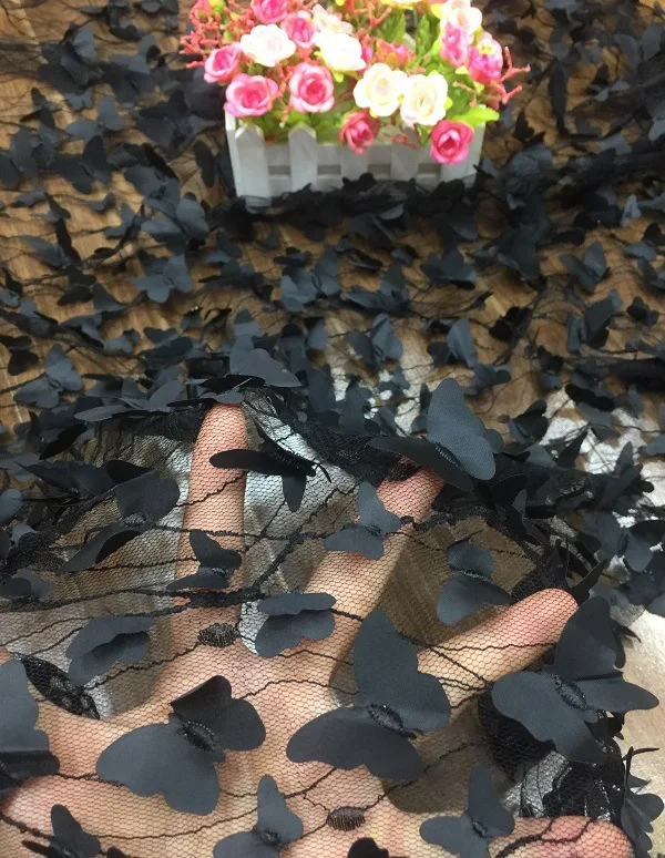 Тюлевая кружевная ткань с 3D бабочками Белая французская сетчатая для платья