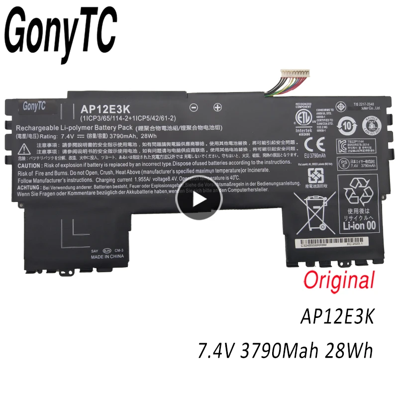 

GONYTC AP12E3K 7.4V 28wh 3790MAH Original Laptop Battery For ACER Aspire S S7-191 Ultrabook 11-inch 1/CP3/65/114-2+1/CP5/42/61-2
