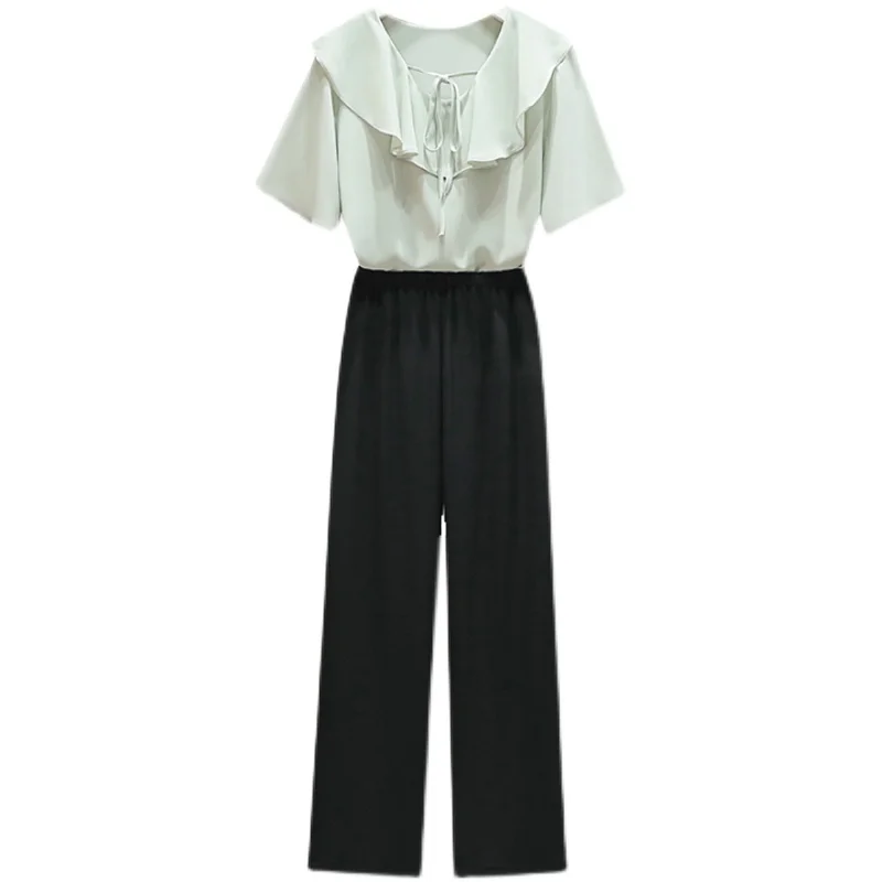 

Fashionable 2021 New Summer Two-piece Sets Women Chiffon Ruffles Lace Up Shirt + Black Wide Leg Pants Ladies Suits Female Outfit
