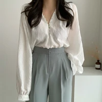 autumn women shirt loose comfortable youth series v neck puff sleeved with buttons thin shirt new arrivals