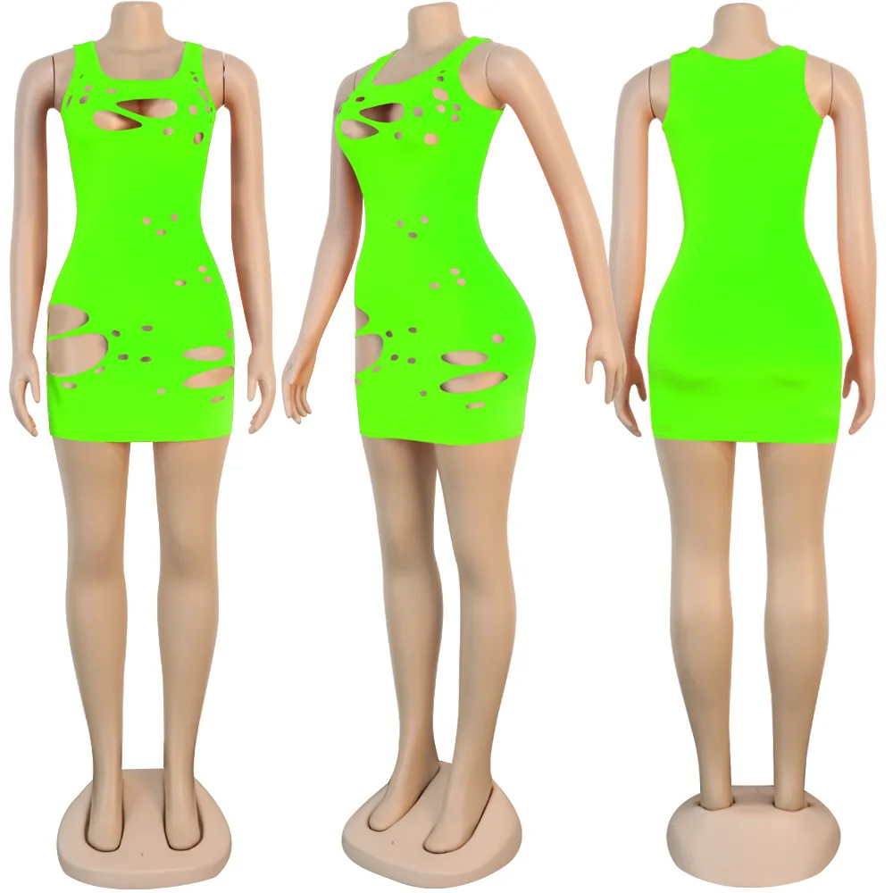

Candy Color Distressed Mini Dress 2020 New Women Summer Sleeveless Hole O-Neck Bodycon Bandage Street Neon Rosy Dresses Vestidos