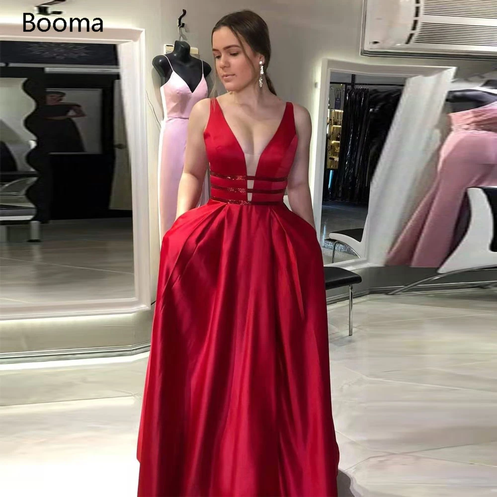 

Женское атласное платье-трапеция Booma, Красное длинное вечернее платье на бретелях, с глубоким V-образным вырезом, без рукавов, с открытой спи...