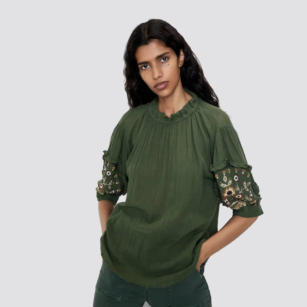 ZA 2019 осень новая вышитая зеленая Нижняя рубашка Мода Boho женская одежда