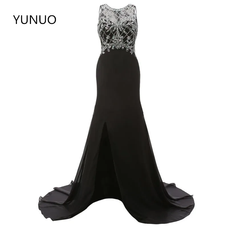 

YUNUO New Fashion Sexy Black Real Long Evening Dresses Beading Sequins Custom Robe De Soiree Zipper Formal Party Dresses